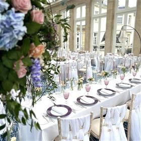 fwthumbSpring wedding The Langley, hanging chandeliers, hanging balls of flowers, chair decorations.jpg